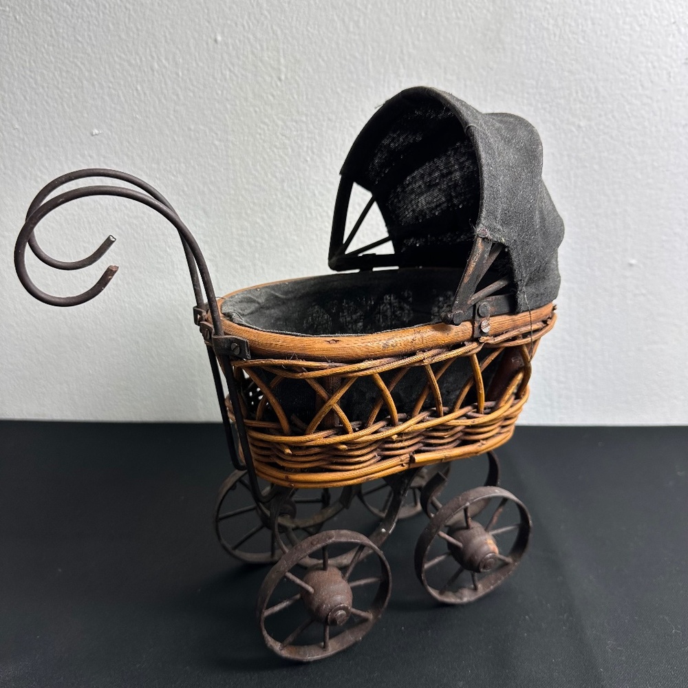 Early 19th Century Vintage Antique Baby Doll Stroller Pram Handmade 11"